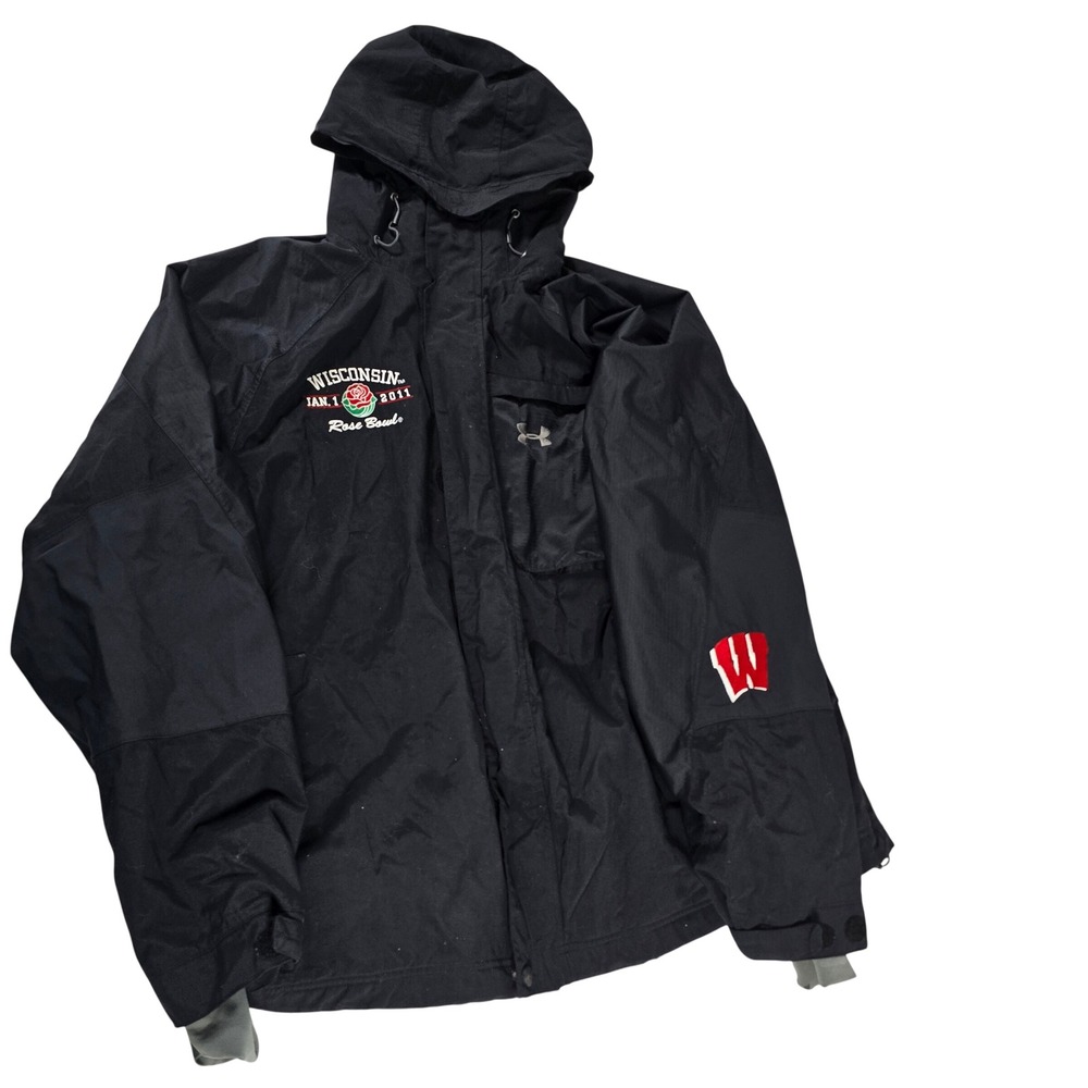 Under‎ Armour Mens Wisconsin Badgers 2011 Rose Bowl Jacket Black Hooded Parka LG